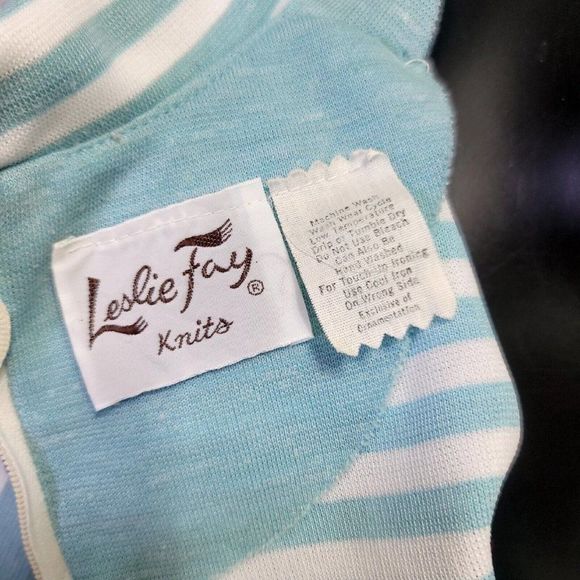 Vintage 70s Leslie‎ Fay Womens M Turquoise White Striped Dbl Knit Poly Dress - Picture 9 of 9